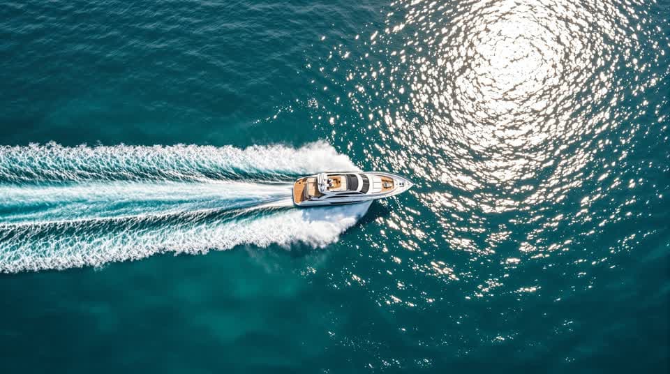 High aerial view of a white vessel drawing a wake line across deep turquoise water in morning sun