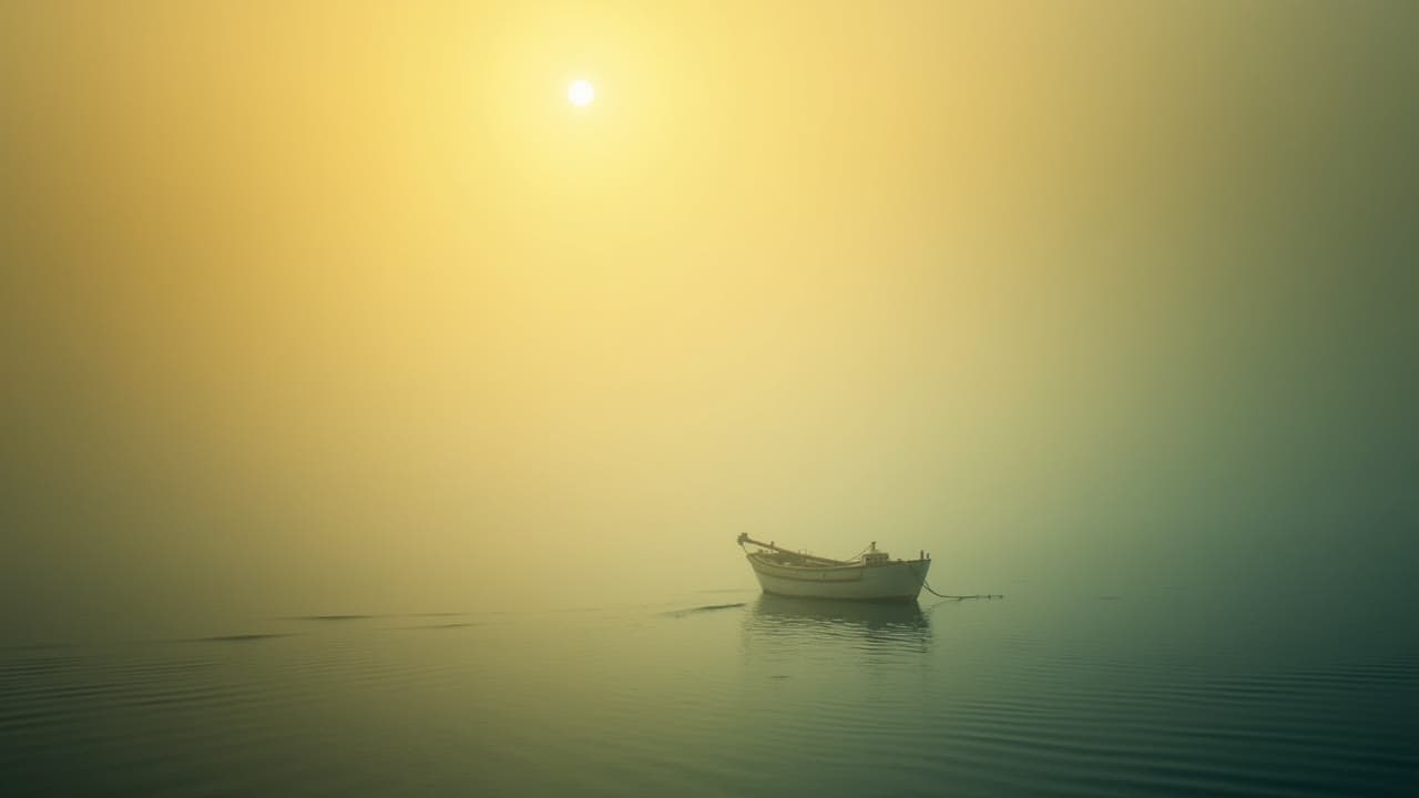 Morning fog lifting off a calm sea as a small fishing boat emerges from golden haze