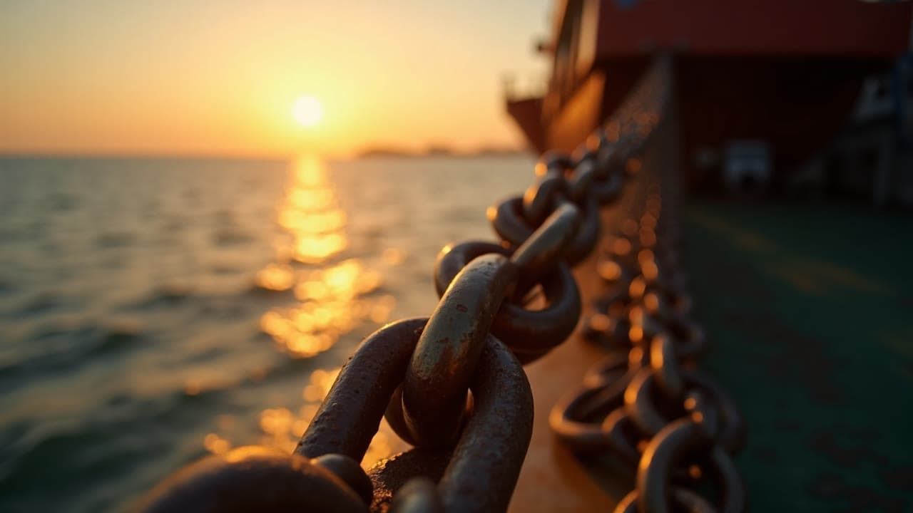 Heavy anchor chain links with warm patina running toward sunlit water