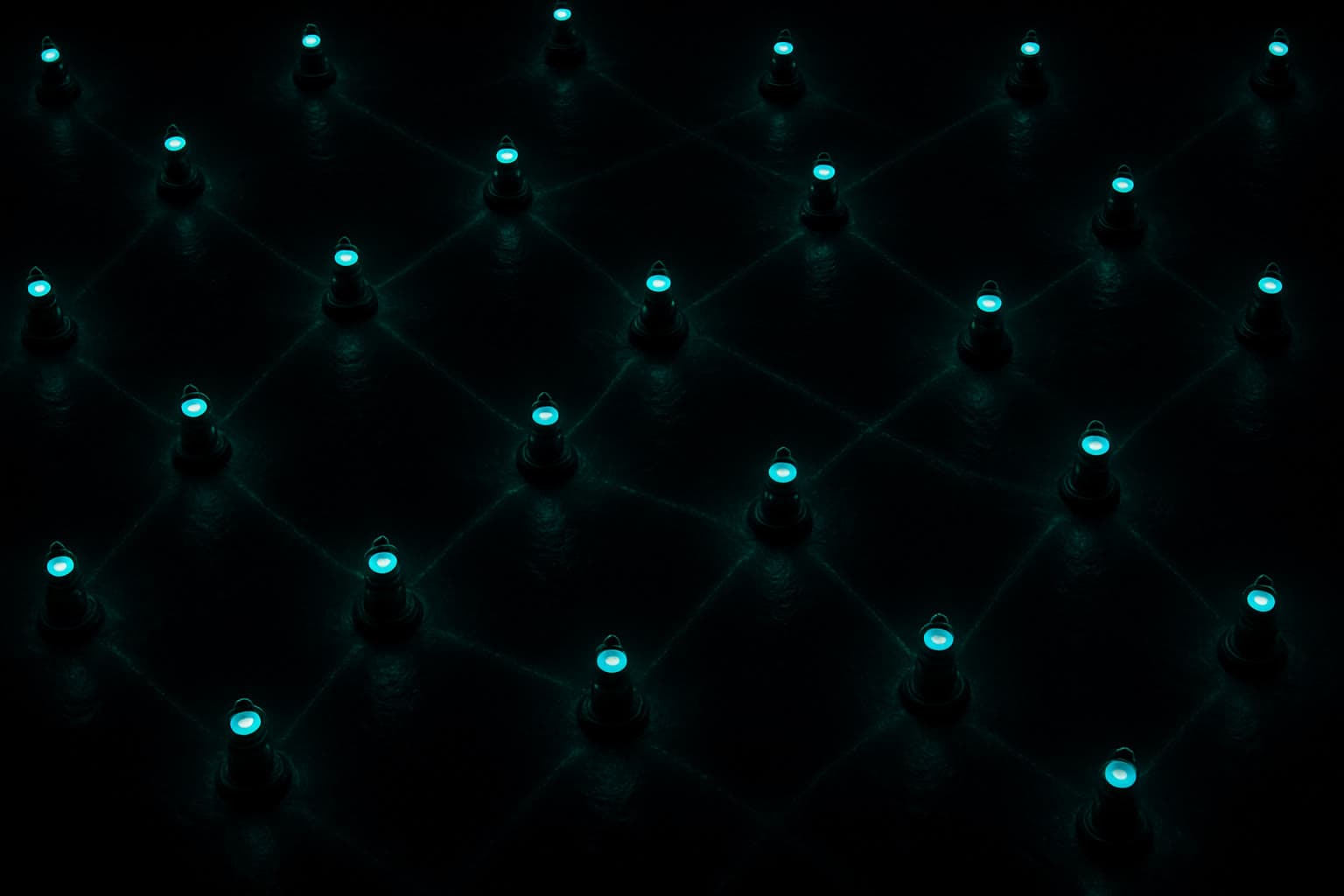 Aerial top-down view of a wide grid of navigation buoys on black water at night, each pulsing a small teal light