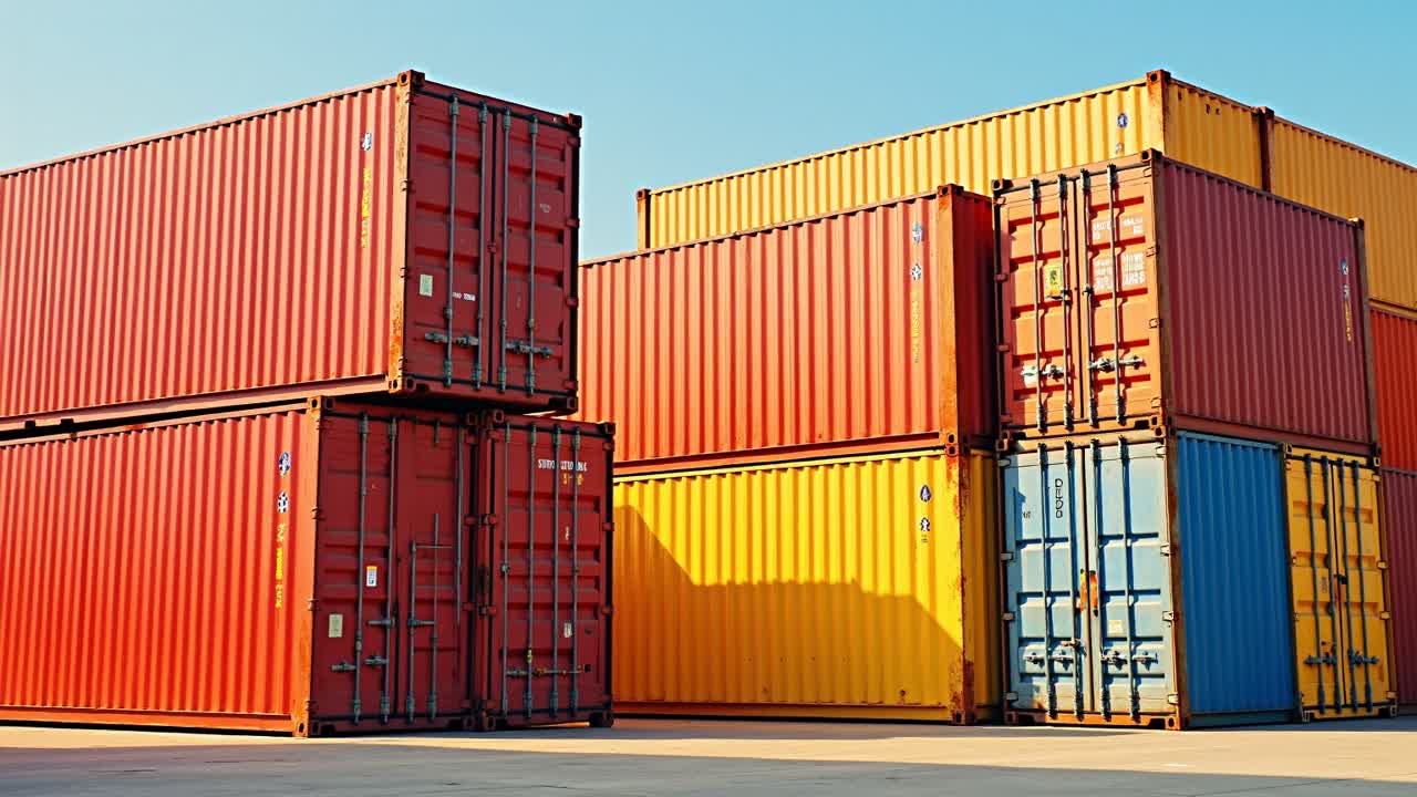 Stacked shipping containers in saturated reds and blues under bright midday sun