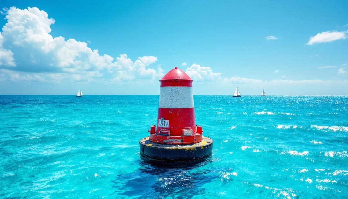 A weathered red-and-white channel marker buoy on brilliant turquoise sea under a bright blue sky, distant sailboats on the horizon