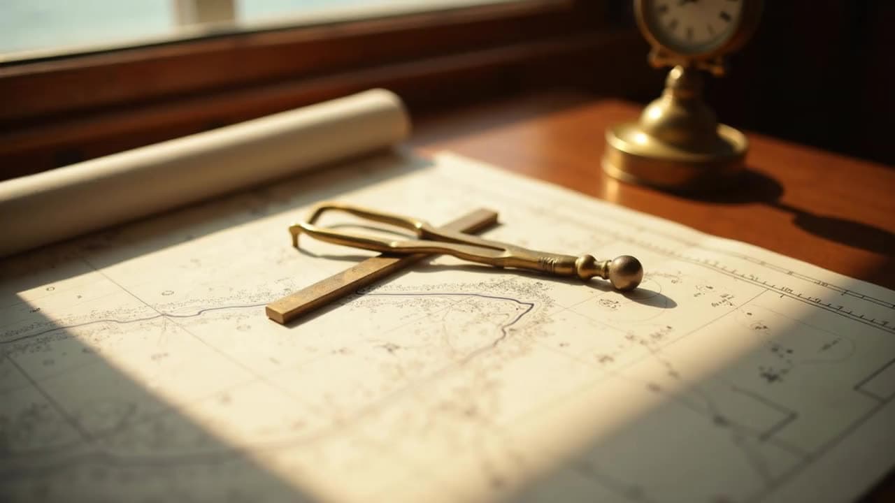 Warm morning light drifting across a nautical chart with brass dividers on a plotted course