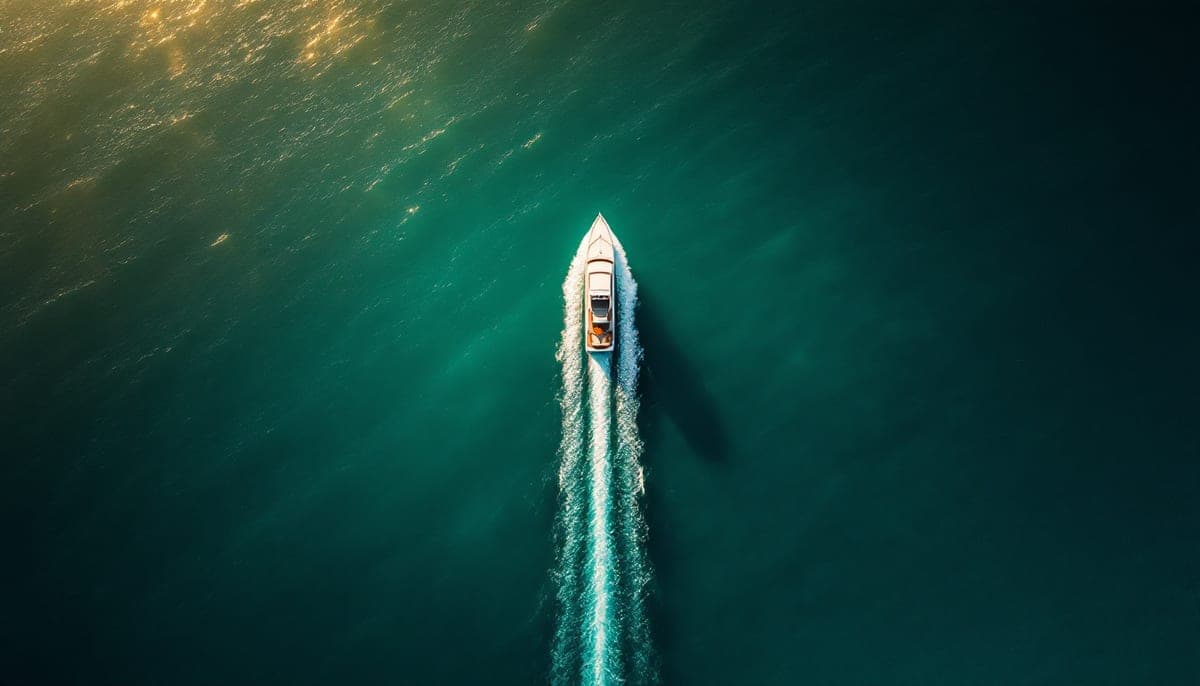 Aerial drone view of a small white boat crossing deep green-turquoise sea in low golden light, a white wake trailing behind it