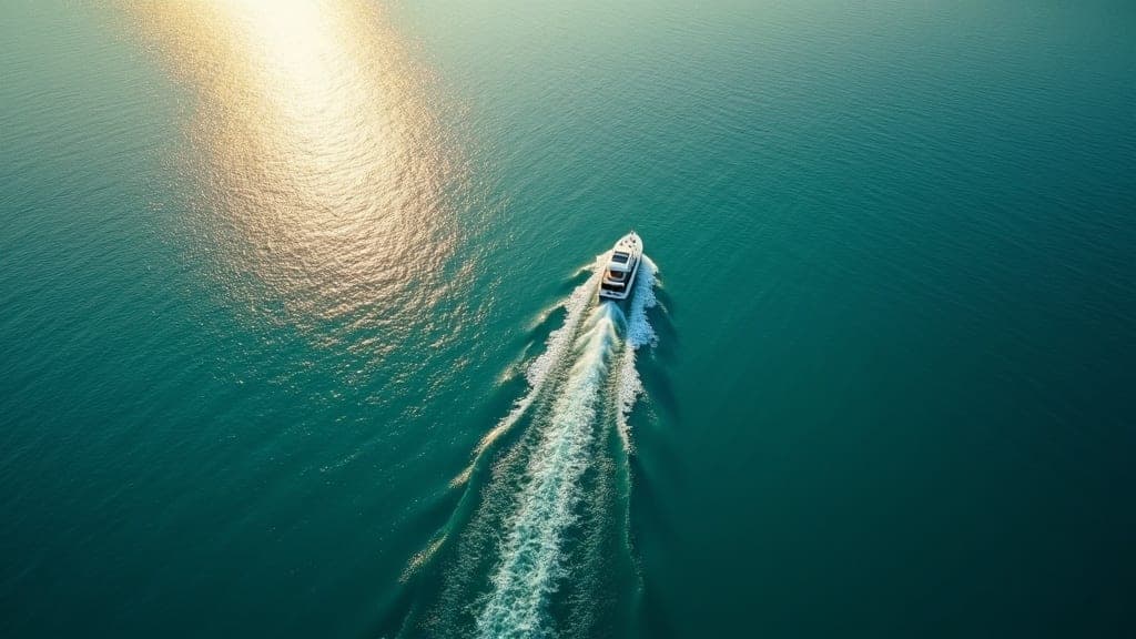 Aerial drone view of a lone white boat crossing deep turquoise sea in golden morning light, a long white wake trailing behind it