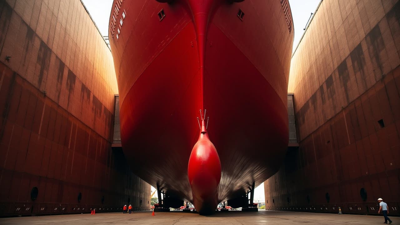 A freshly painted deep-red ship hull towering in a sunlit dry dock