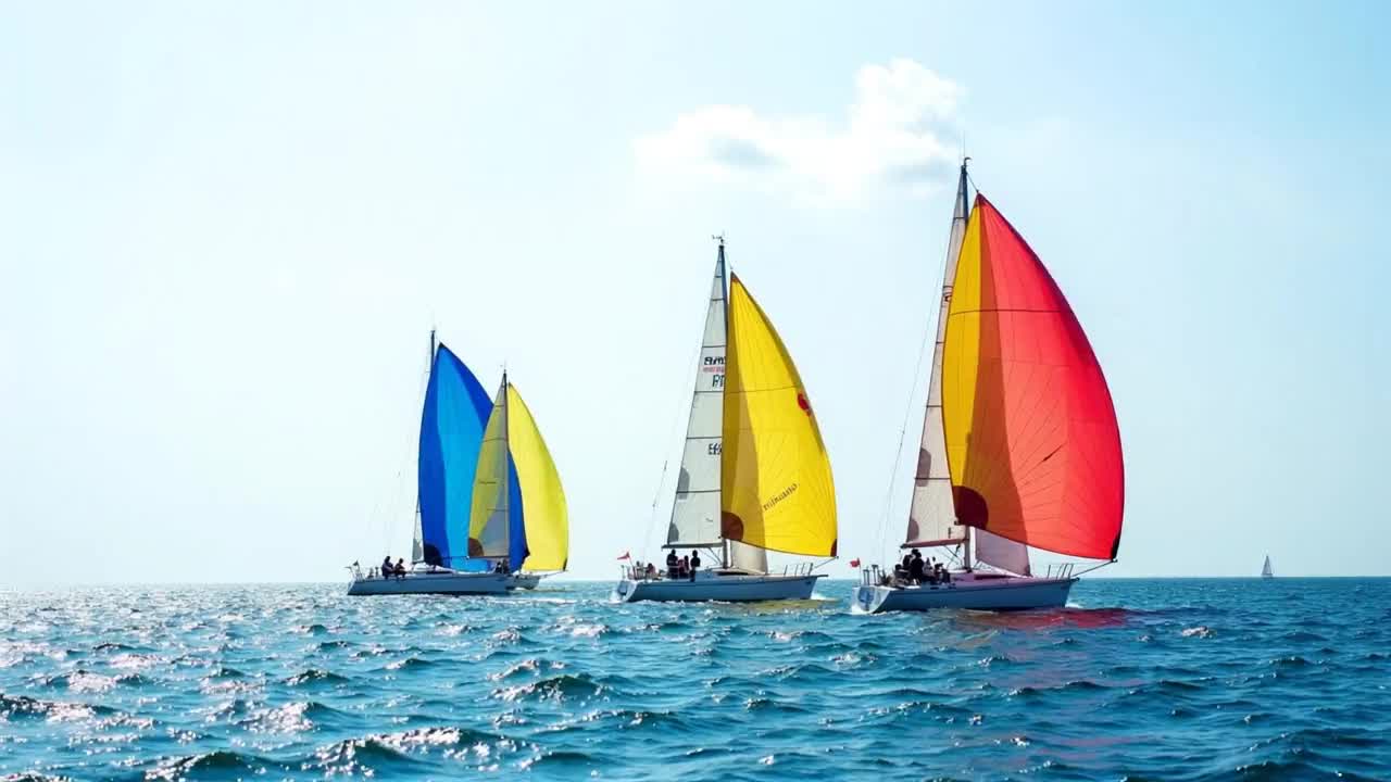 Colorful spinnakers billow as racing sailboats run downwind across a sunlit sea