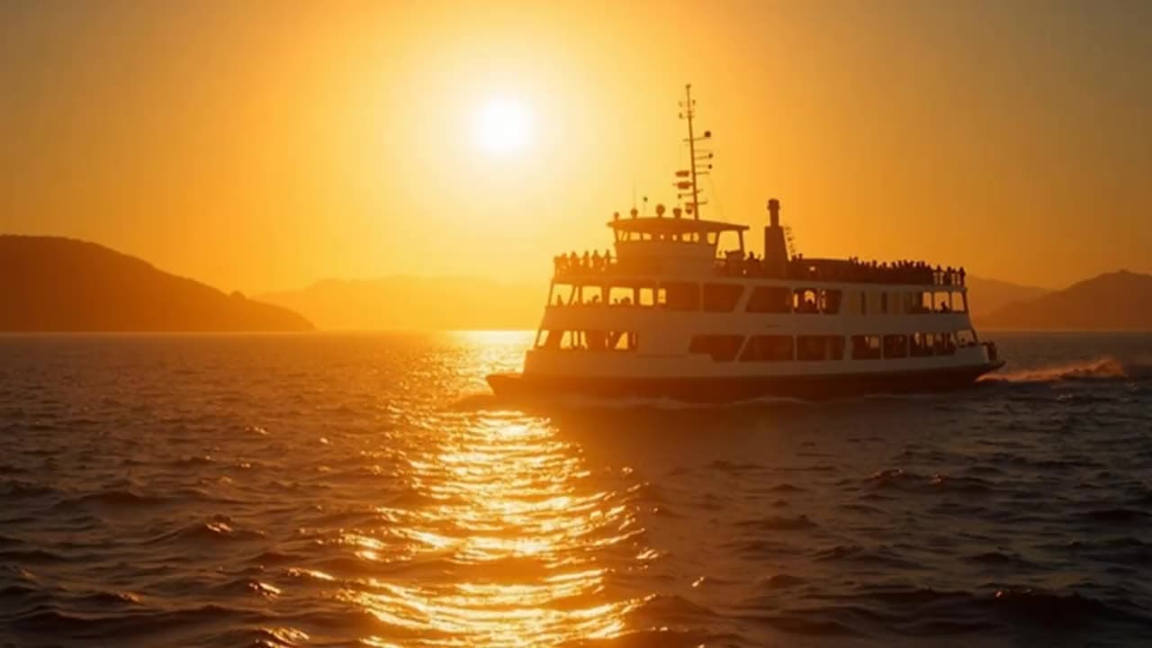 A white ferry glides across a blinding golden sun path on the sea