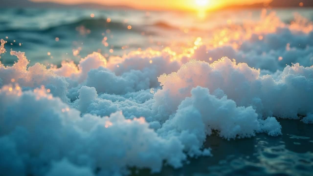 Golden backlit sea foam churning in slow motion, droplets sparkling like glass