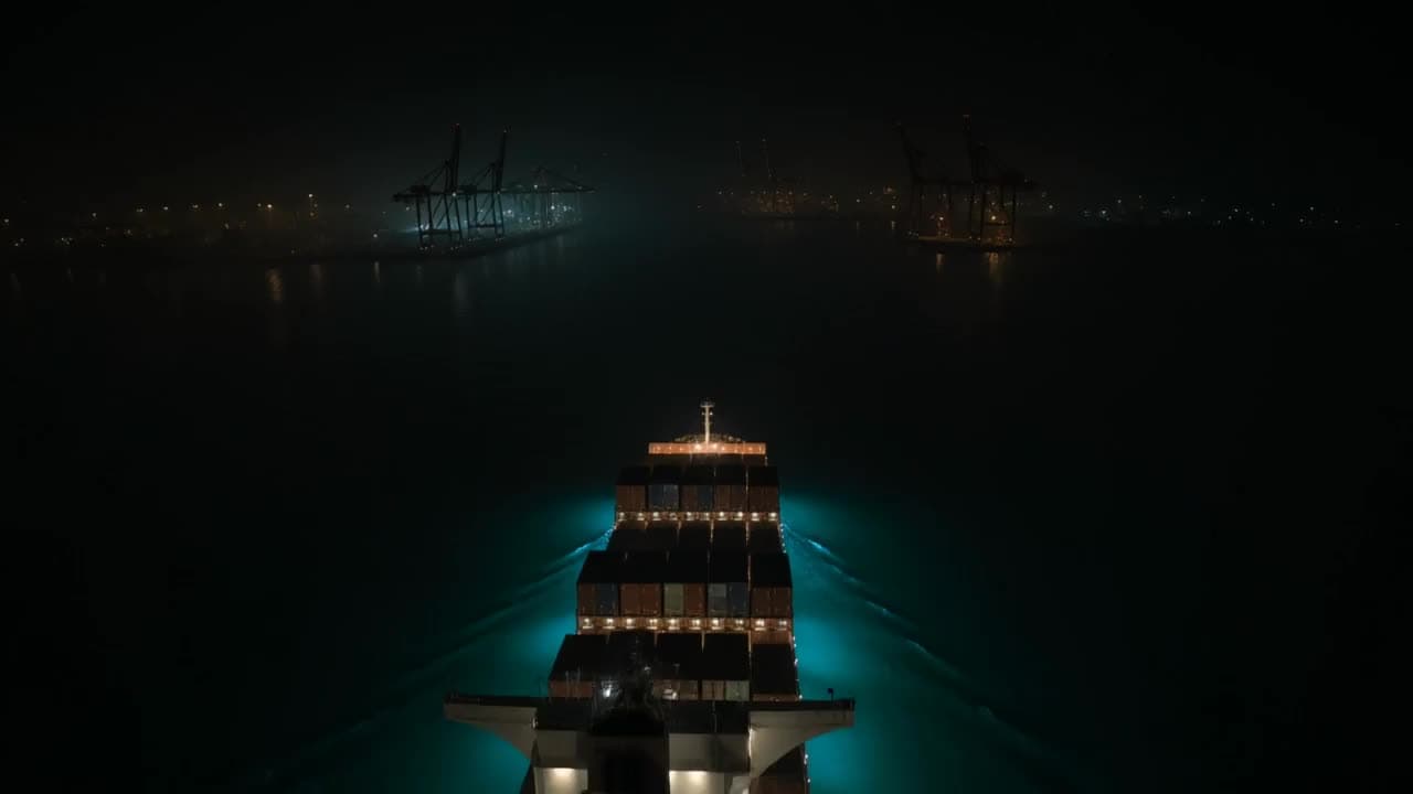 A dark container ship glides into a foggy harbor at night, its long wake glowing bioluminescent teal