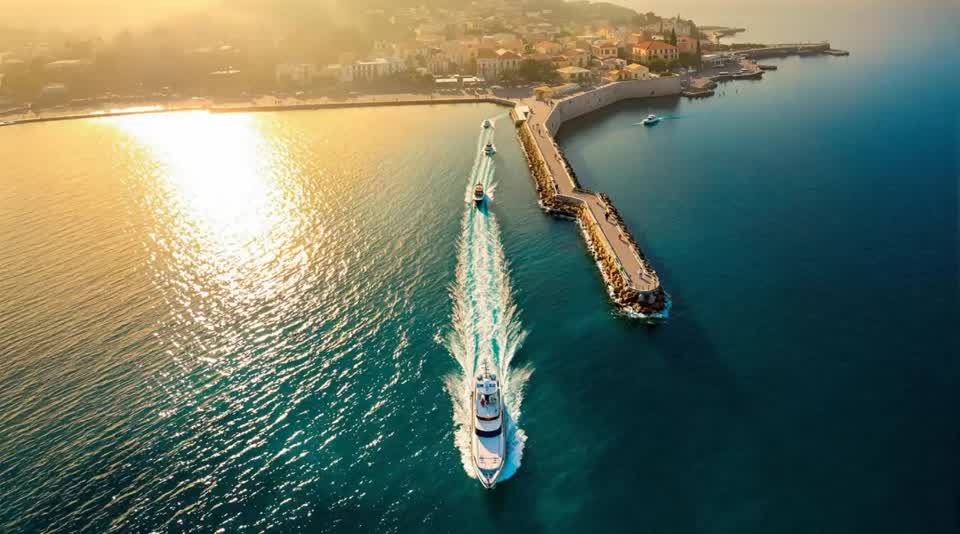 A boat glides toward a sunlit Mediterranean harbor entrance at sunrise, white wake spreading over turquoise water