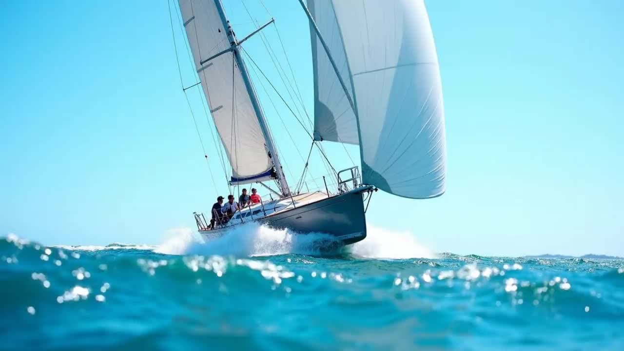 A sailing yacht heels through sunlit waves, spray bursting from the bow