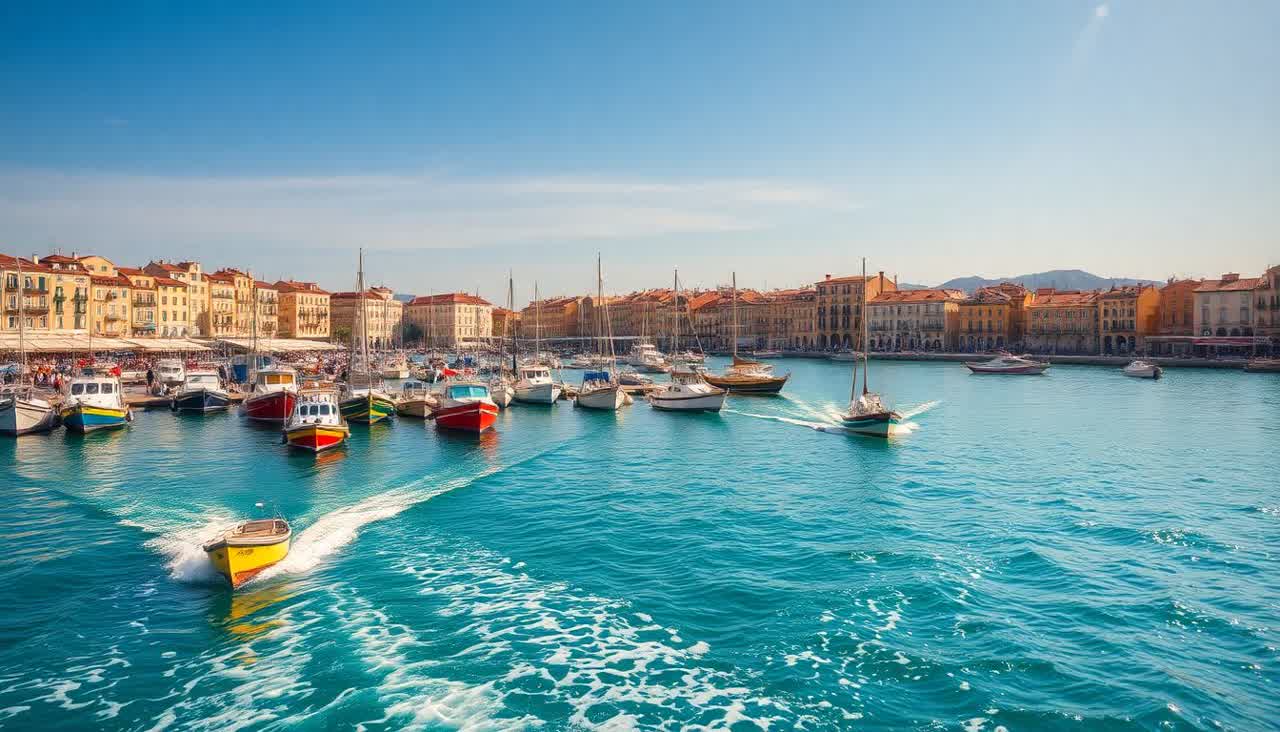 A Mediterranean harbor on a sunny morning, colorful boats on turquoise water