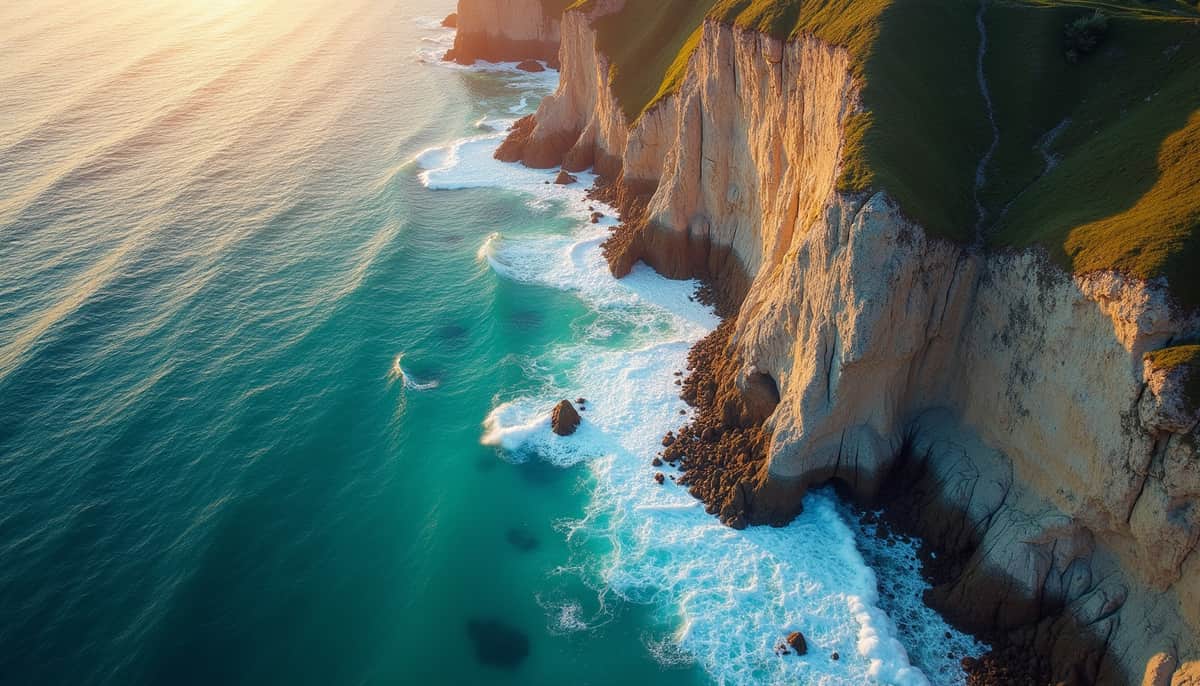 Aerial view of dramatic sunlit sea cliffs meeting clear turquoise water, a white surf line tracing the rocks in golden morning light