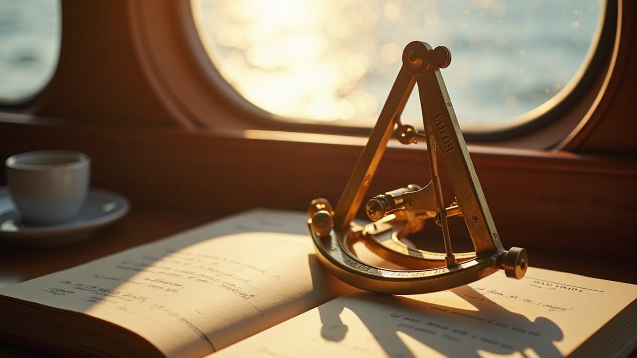 A brass sextant resting on an open logbook beside a bright cabin porthole