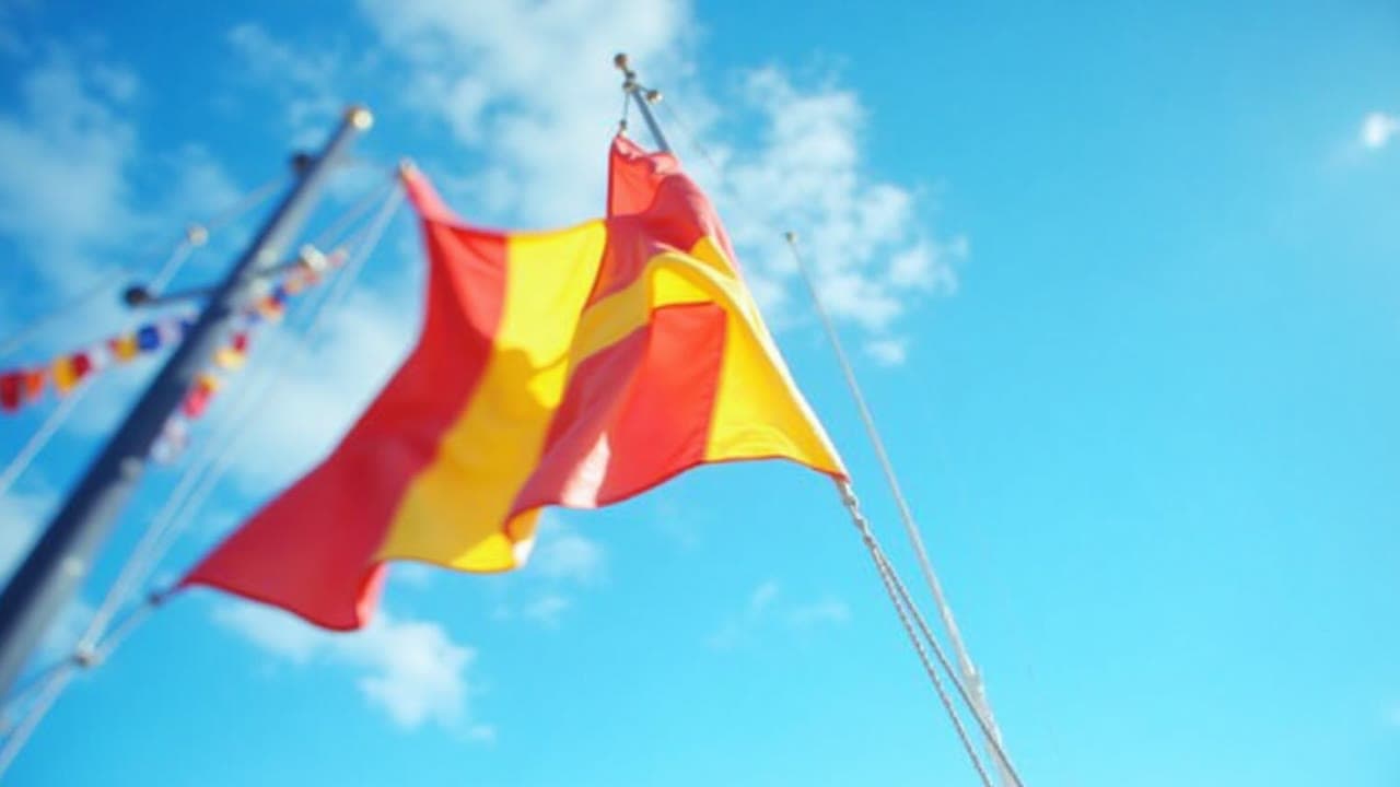 Colorful maritime signal flags snapping in a breeze against a deep blue sky