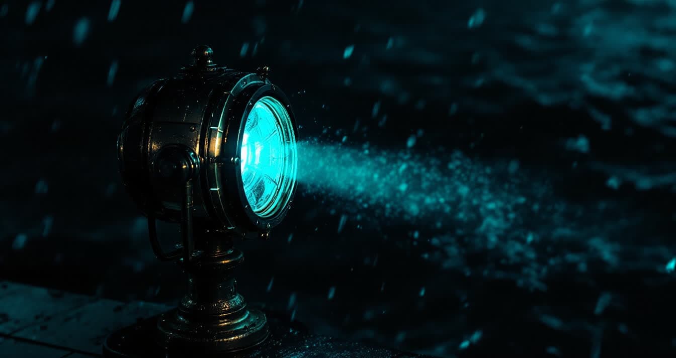 A brass maritime signal lamp on a dark ship bridge at night, casting a teal beam across rain-flecked glass