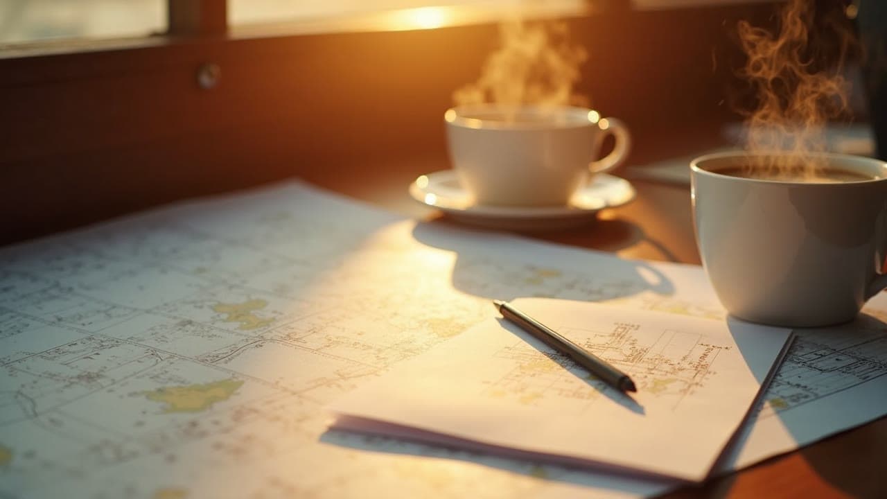 Open tide tables and a steaming coffee on a sunlit chart table