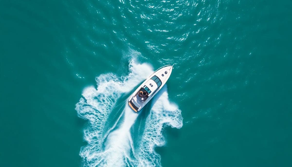 Top-down aerial view of a white speedboat carving a burst of white spray and wake across brilliant turquoise water